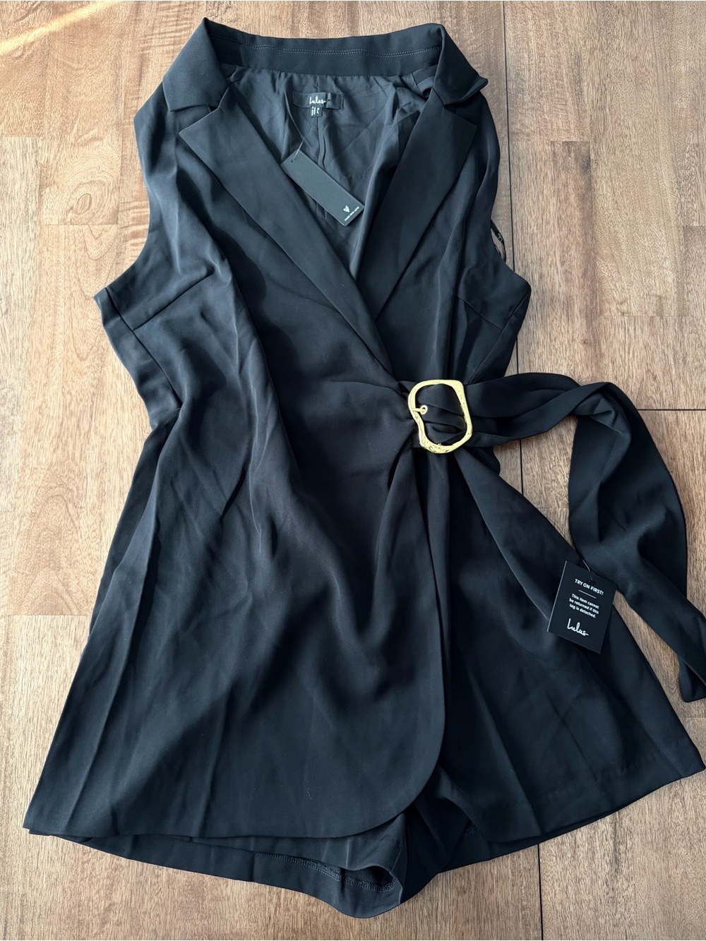 (NEW) Lulu's Black Sleeveless Wrap Romper with Gold Buckle Detail